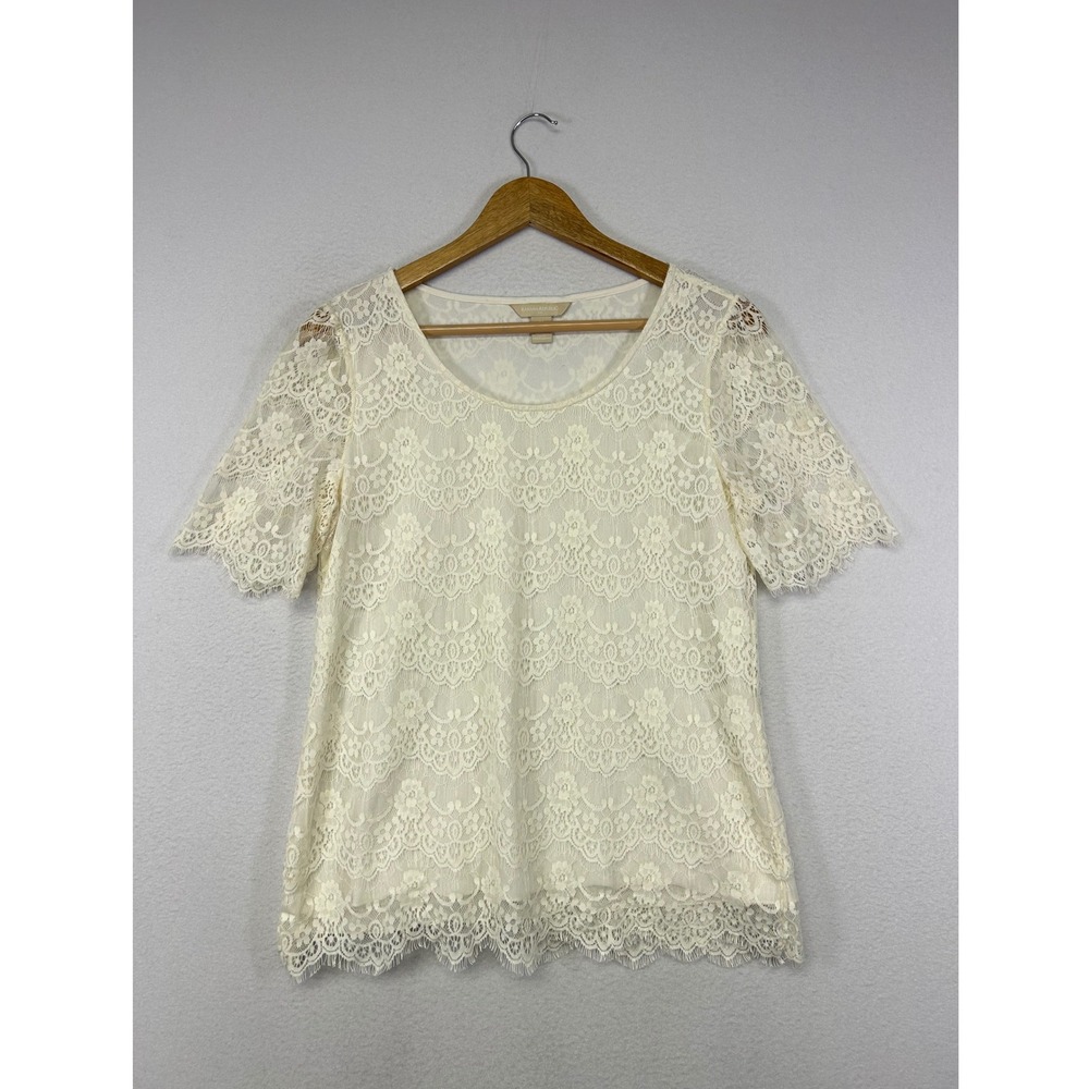 Romantic Banana Republic Womens M Ivory Floral Lace Scalloped Short Sleeve Top